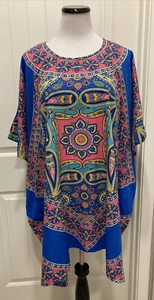 Gypsie  Blu Vibrant Kaftan Boho Hippie Tunic Swim Cover Up Top One Size Flaw - Picture 1 of 13