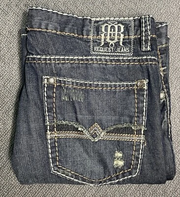 REQUEST JEANS Men's Blue Vintage Y2K Dark Blue Thick Stitching 36x32 "fit 33.5" - Image 1 of 4