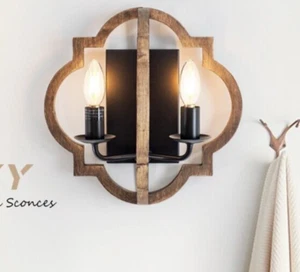 PAIR! Wood & Black Geometric Quatrefoil Farmhouse Wall Sconce Light Fixtures NIB - Picture 1 of 6