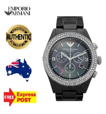 EMPORIO ARMANI CERAMICA AR1455 MOTHER OF PEARL BLACK/SILVER/CRYSTAL LADIES WATCH - image 1 of 4