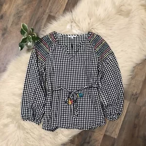 Madewell Size Small Black White Gingham Embroidered Tassel Smock Top - Picture 1 of 6
