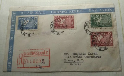 1936 Lituania Kaunas EE. UU. correo aéreo reg cubierta conjunto completo Waitkus Vaitkus Expertied Foto 1 de 2