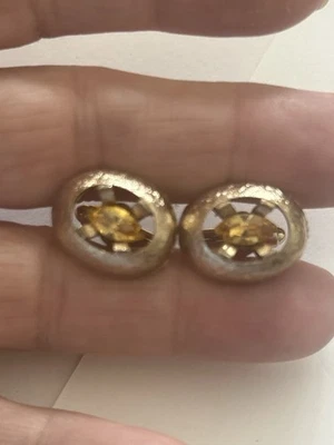 Vintage Shield Gold Tone Cufflinks Open Circle Yellow Navette Stone Mid Century - Image 1 of 4