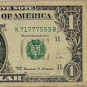 Billete de un dólar serie 1999 antiguo K71777553B FW cuatro de una clase 7s par 5s - Imagen 1 de 8