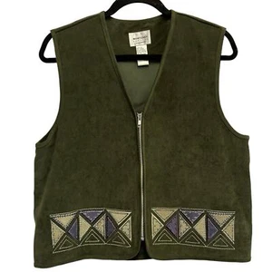 Monterey Petite Green Faux Suede Full Zip Embroidered Decorative Vest - Picture 1 of 5