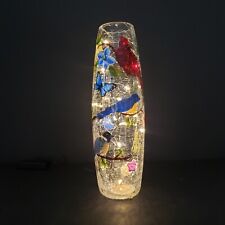 Hand-Painted Colorful Cardinal Bluebird Butterflies Crackled Glass Accent Lamp 