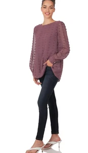 ZENANA Swiss Dot Round Neck Blouse Sheer Sleeve Eggplant Color Women's Size M - Picture 1 of 4