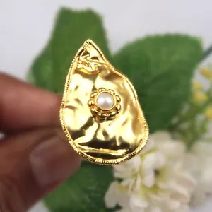 Handmade Gold On Brass Pearl Gemstone Set Abstract Foil Fashion Ring Jewelry - Bild 1 von 7