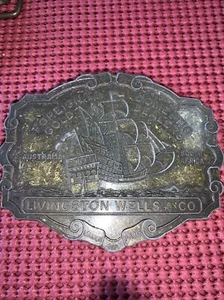 Vintage 70er Jahre Livingston & Wells Co. Messing Gürtelschnalle Gold Piratenschiff - Bild 1 von 2