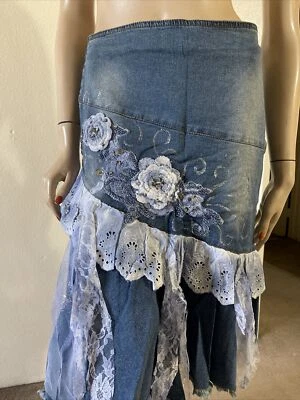 Blue Denim Beaded Embroidery Lace Ruffle A-line Midi Zip Size L(8-10) Skirt 905 - Image 1 of 4