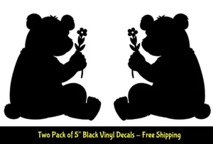 Baby Bear with Flower Two 5" Black Vinyl Decal Car Truck Window Laptop Tablet - Picture 1 of 2