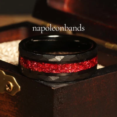 Black Tungsten Men's Wedding Band with Red Ruby – 8mm July Birthstone Ring - Image 1 of 4