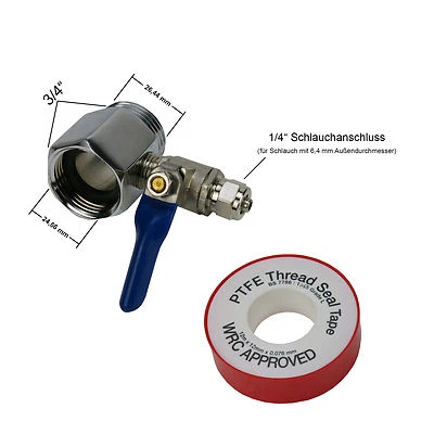 Zwischenstück 3/4 Zoll mit Absperrhahn für 1/4 Zoll Schlauch Kühlschrank Osmose