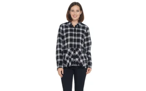 Camisa Joan Rivers a Cuadros Peplum con Dobladillo Flecos Negro/Blanco Reg 8 A344332 QVC - Imagen 1 de 6