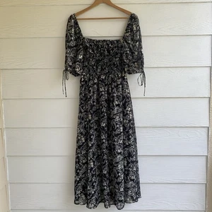 Vestido midi En Season negro floral manga abullonada talla S cottagecore corpiño ajustado - Imagen 1 de 10