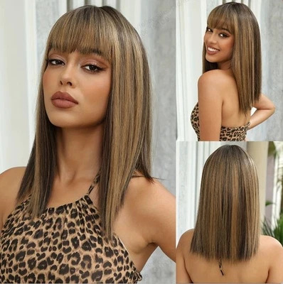 Balayage Auburn Brown Blonde Highlight with Bangs 100% Human Hair Lace Front Wig - Image 1 of 4