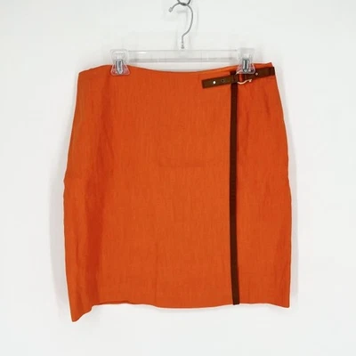 Lauren Ralph Lauren 10 Falda de Lino Cuero Hebilla Lápiz Mini Envoltura Ecuestre Foto 1 de 2