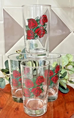 Vintage Clear Four Red Rose Drinking Glasses - Juice Glasses Floral Design - Image 1 of 4