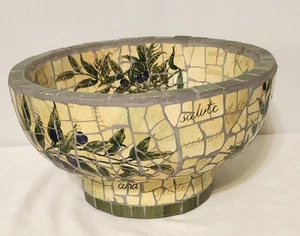 Cuenco de cemento pedestal de azulejos de mosaico blanco roto con floral y palabras - 11,5" de ancho y 6,5" de alto - Imagen 1 de 5