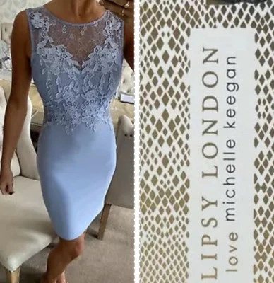Lipsy Bodycon Dress 14 12 Blue Lace Cornflower Xmas Party Wedding Occasion UK - Image 1 of 4