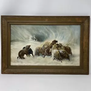 Antique Flock of Sheep Winter Snow Storm Watercolor Painting 1916 Dog Herder - Picture 1 of 12