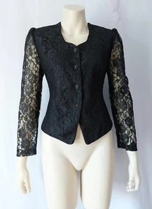 BLACK LACE Vintage 1980s GLAM PUFF SLEEVE BLOUSE JACKET - M / L - Picture 1 of 6