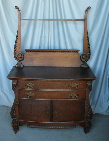 Antique Fancy Oak Commode - carvings with towel bar Cover