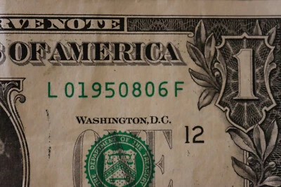 [AUG 6, 1950] $1 ONE DOLLAR  BIRTHDAY/ANNIVERSARY NOTE.  SN # L 01950806 F - Image 1 of 3