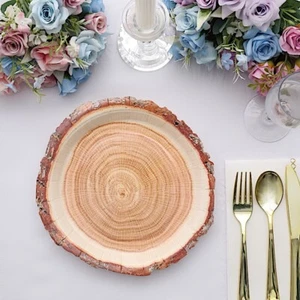 25 Natural 10 in Round Disposable Paper PLATES Wood Slice Design Party Events - Picture 1 of 9