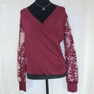 ⭐Free Shipping⭐ADIVA Women's Size Small Faux Wrap Blouse Maroon Red Sheer Floral - Picture 1 of 13