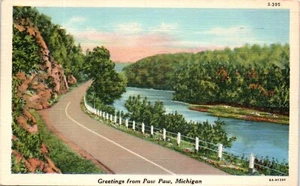 1930s 1940s  Linen Lot of 2 Paw Paw MI Postcards Road Beside Water Greetings  - Picture 1 of 4
