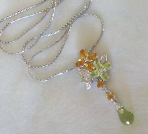 14K White Gold Briolette Drop Citrine Peridot Diamond Necklace - 6.0 gms, 16 in - Picture 1 of 9