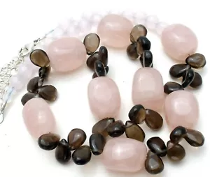 Pink & Brown Quartz Bead Necklace 18" Long Sterling Silver Rose Quartz Jewelry - Picture 1 of 9