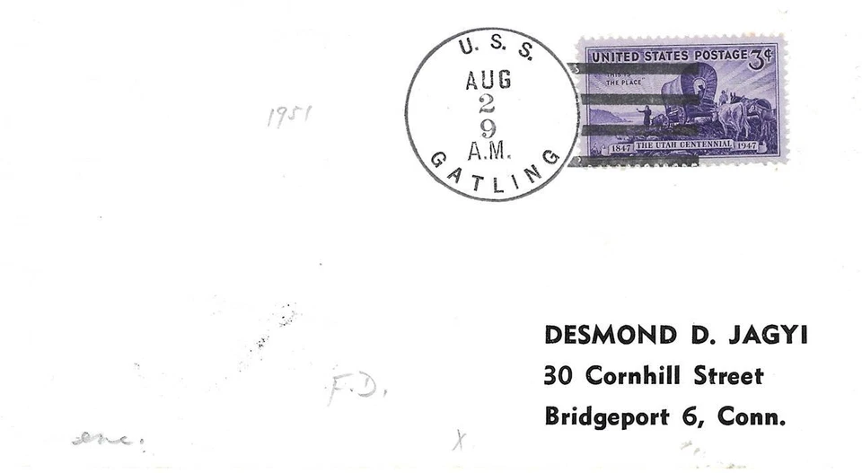 GATLING (DD-671) 1951 年 8 月 2 日 Locy Type 2r [1951] 邮戳第 1 天邮政服务 — 第 1/1 张图片