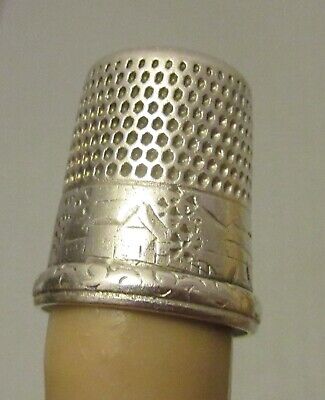 Antique Simons Sterling Silver Thimble Scenic House In Village Patterned Band • 40.01$