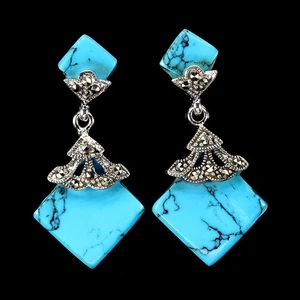 925 Sterling Silver Earrings Turquoise Stabilized 15mm Marcasite Gemstone Jewelr - Picture 1 of 13