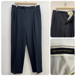 Hart Schaffner Marx Pleated & Cuffed Wool Dress Pants Navy Super 100’s 36x31 - Picture 1 of 13