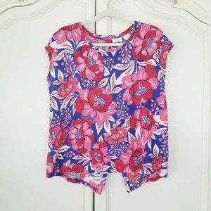 Sigrid Olsen Pink Blue Tropical Floral Linen Knit Button Back Sleeveless Top L - Picture 1 of 6