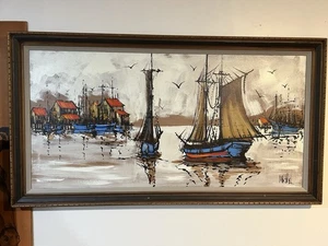 Vintage MCM 60er Jahre Segeln Maritim Druck Gemälde gerahmt Wandbild - Bild 1 von 4