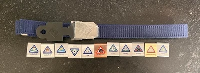 NEW Cub Scout Belt Navy Blue 54" Long Cut-It-Fit One Size With 11 Metal Badges - Image 1 of 4