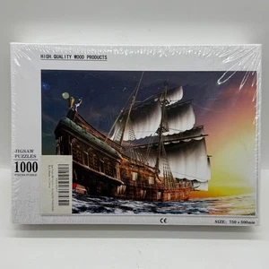 1000 Piece Wooden Jigsaw Puzzle Pirate Ship Ocean Sunset - Picture 1 of 1