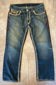 Rare True Religion Mens Dark Desire Blue  Red White Rope Stitch Jeans Sz 36 - Picture 1 of 8