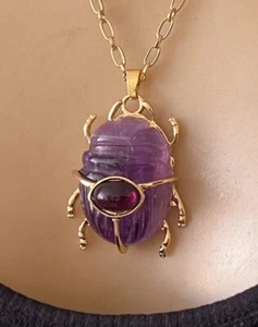 Egyptian Revival Scarab Necklace Hand Carved Amethyst Purple Gemstone Pendant - Picture 1 of 5