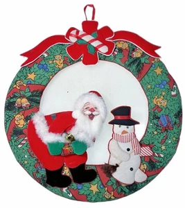 Fabric Plush Hanging Christmas Holiday Wreath Santa Snowman 14”x H15” - Picture 1 of 4