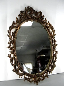 SYROCO WOOD GOLD BAROQUE ROCOCO HOLLYWOOD REGENCY OVAL WALL MIRROR 28" USA VTG - Picture 1 of 24