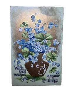 Vintage Postkarte Beste Wünsche Geburtstag Vergissmeinnicht Blumen 1910 geteilt verschickt blau - Bild 1 von 10