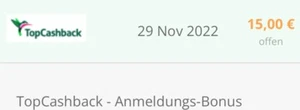 15€ Bonus Guthaben Startprämie bei Topcashback Nike Adidas Lieferando ebay ESN - Bild 1 von 1