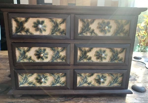 Vintage Wooden Jewelry Box Drawers Floral Tapestry Velvet Lined Japan 8 3/4 x 12 - Picture 1 of 9
