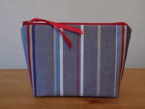 Handmade Make Up Bag Case Cosmetics Purse Blue Striped 100% Cotton Fabric Lined - Picture 1 of 6