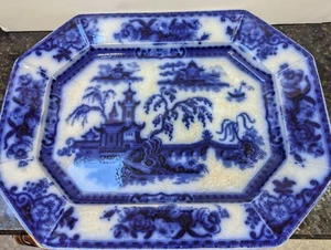Große ANTIKE PELEW Flow blau Transferware 18" Platte von E. Challinor um 1840 - Bild 1 von 17